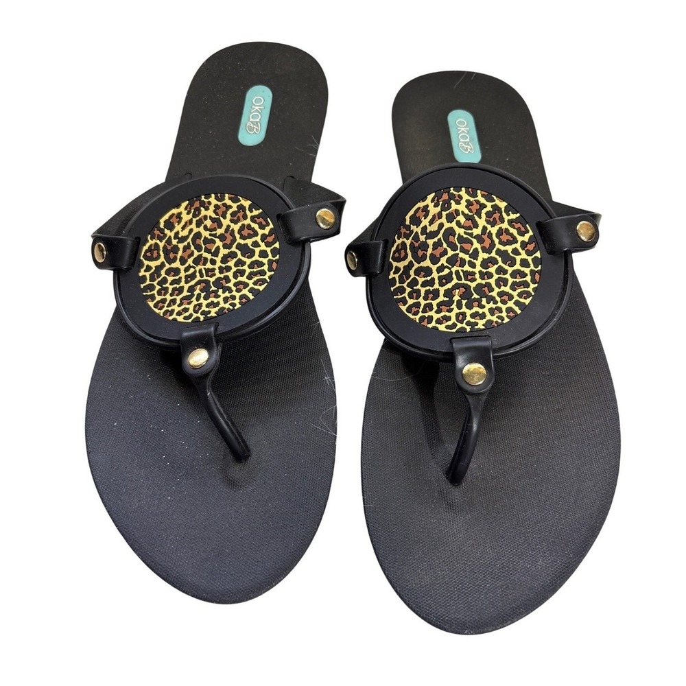 OkaB Black Leopard Print Embellished Thong Sandals‎ Flip Flops